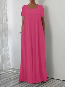 Women's Summer Casual Loose-Fitting Short Sleeve Dress, Basic Pure Color Solid Square Neck Slim Fit Long Dress, Fashionable European & American Style, Womenswear