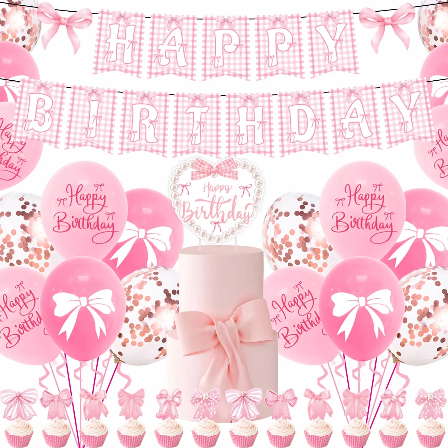 Pink Bow Birthday Party Decorations Set, Girl Bow Birthday Decortions, Glitter Bow Happy Birthday Banner for Birthday Party Decortions, Party Decorations Banners, Party Decoration Supplies, Decorative Banner