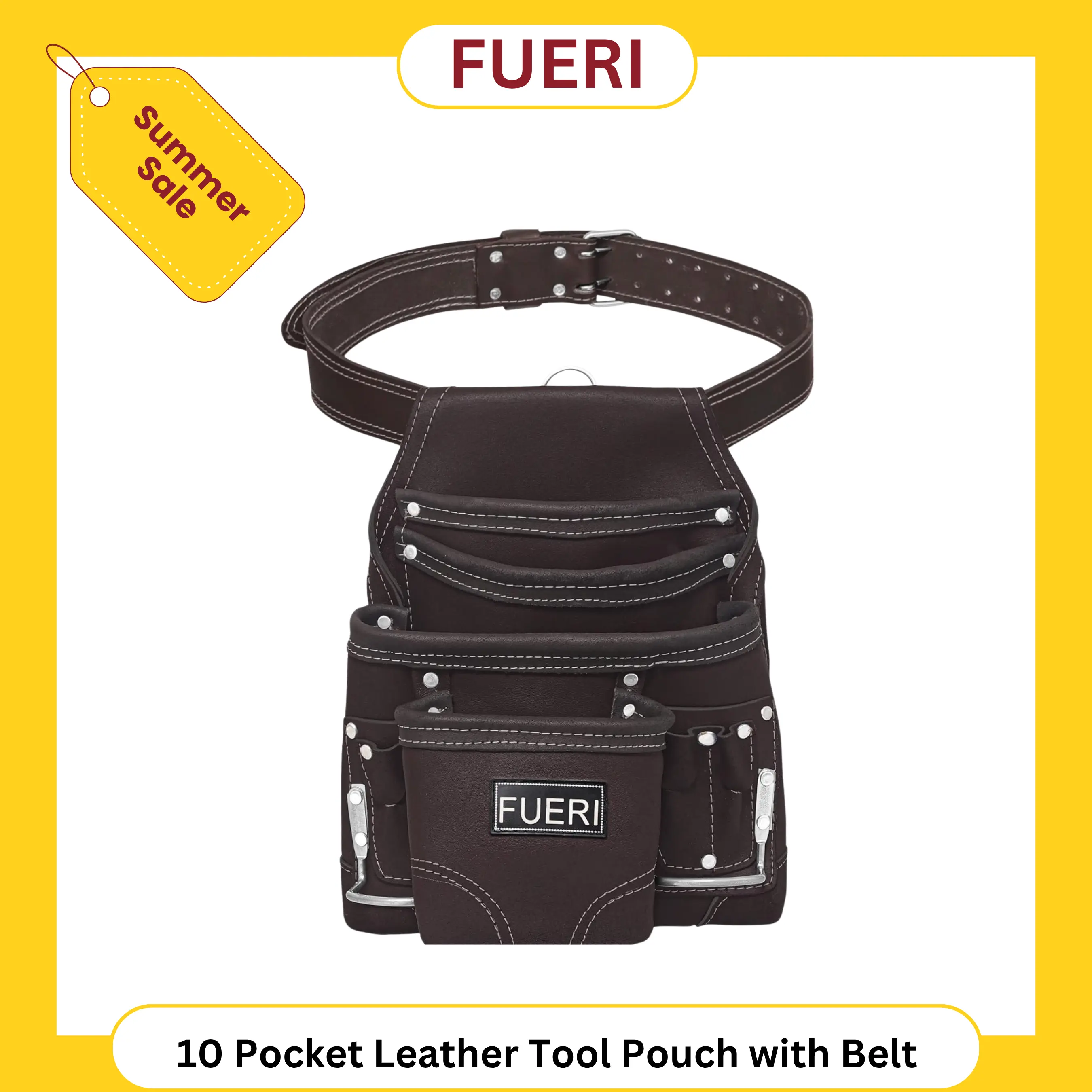 FUERI 10 pocket Leather Tool Pouch with adjustable Belt, Ideal for Electricians. Durable, Reinforced, High Quality.