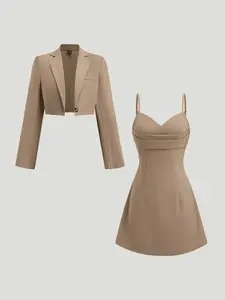 New Short Suit Dress Set for Women, Lapel Single Button Blazer with Waist Cinching Strap Skirt, Elegant Office Wear