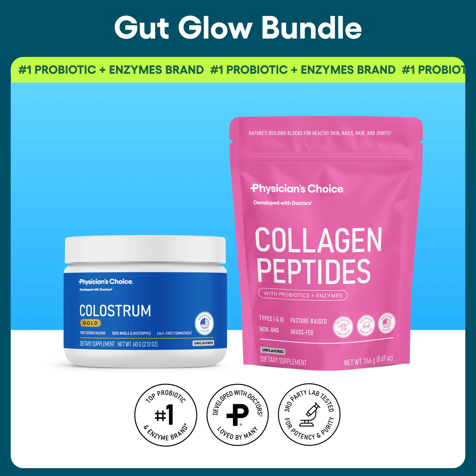 Physician's Choice Gut Glow Up Bundle: Gut, Immune, Hair, Skin & Nail Support with Collagen Peptides & Colostrum Gold Powder