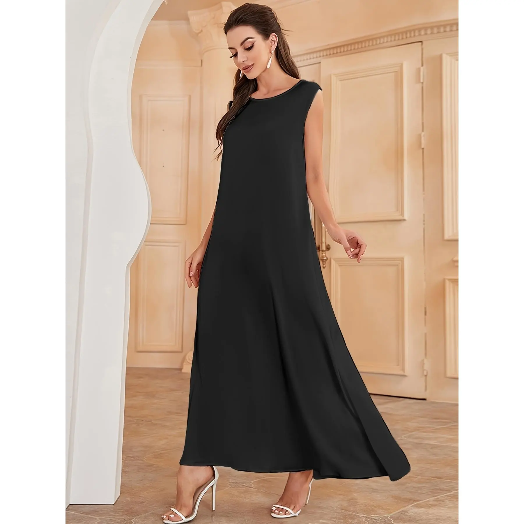 Women's Solid Sleeveless Woven Polyester Abaya Maxi Dress - Modest XXL Gown for Casual Wear, All Seasons, Long Length, Dry Clean Only
