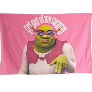 Funny Shrek Pink Tapestry 3x5 Get Out Of My Swamp Meme Tapestry Wall Hanging Dorm Backdrop Home Decor for Bedroom Living Room Decorative Landscape Table Light Peach Velvet