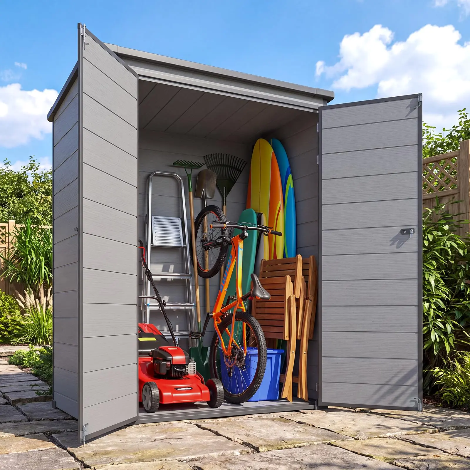 AECOJOY Lean‑To Resin Outdoor Storage Shed 3' x 5', 65 Cu.Ft Plastic Shed with Reinforced Base & Floor, All‑Weather, 3.7" Wide Keyless Lockable Doors for Large Gear & Heavy Tools, Simple Assembly