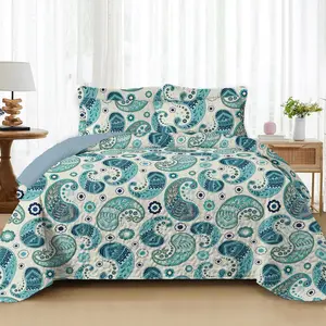 Boho Style Paisley Lightweight Quilted Thin Comforter, Retro Blue-Tone Bedspread, All-Season Bedding Set (King / Queen size includes 2 pillowcases, Twin size includes 1 pillowcase)