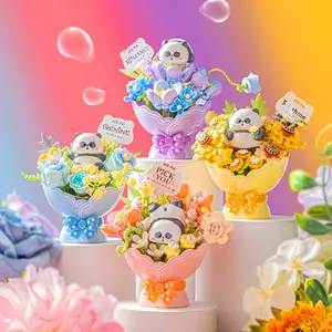4 Styles Panda Building Block Flower Cartoon Mini Bouquet Panda Eternal Flower with Light Bouquet Ornament Gift for Girls Children Holiday Gift Birthday Gift Assembly Building  Block Toy Ornament