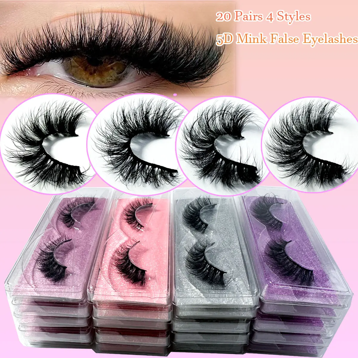 False Eyelashes,20/40/60Pairs Mink Eyelashes Natural Long 3D Faux Mink Lashes Pack bulk  lashes Thick In Bulk For Daily Dating