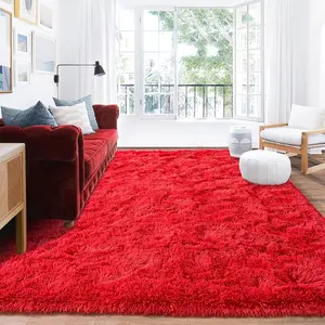 BLIOWL Luxury Red Shaggy Rug, Ultra Soft Fluffy Large Carpet for Bedroom Living Room, Modern Thick Silky Home Decor, Upgraded Non-Slip Bottom, Ideal Gift for Mother’s Day & Easter, Dry Clean Only, Includes 4 Carpet Stickers, Multi Sizes