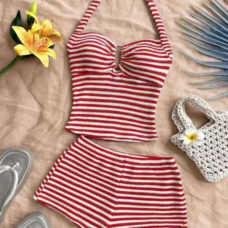 Women's Vacation Striped Sleeveless Tank Top and Shorts Set, Casual Matching Two-Piece, Comfortable, Stylish and Chic, Perfect for Relaxing Days, Casual Style Set, Summer Outfit Set, Womenswear