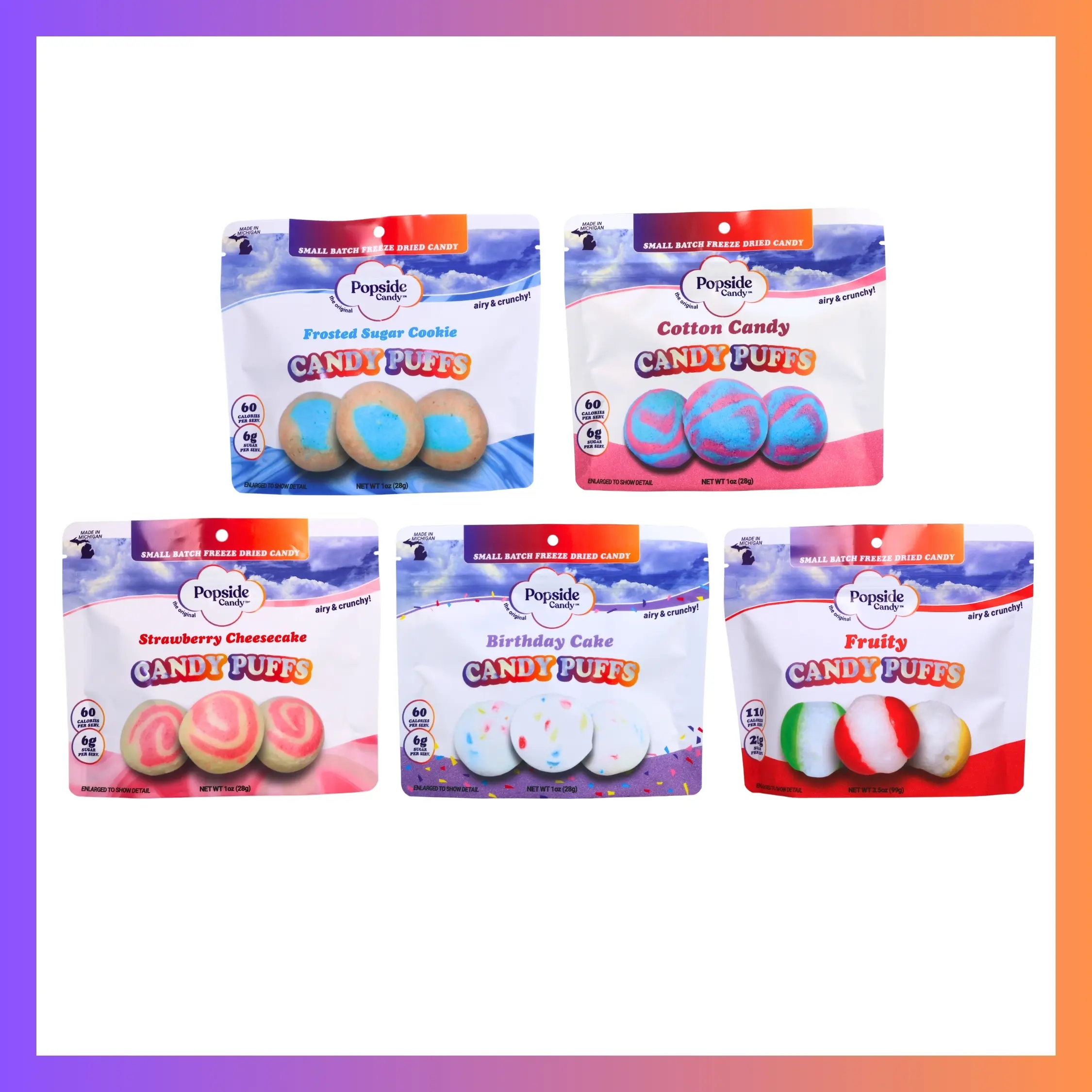 Popside Candy Freeze Dried Candy Puffs 5-Bag Variety Pack - Small Batch Airy & Crunchy Candy, Made in Certified Commercial Facility