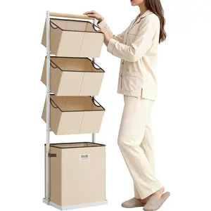 SOLEDI 4 Section Laundry Hamper Sorter, Stackable Laundry Basket Organizer with Removable Basket, 125L 4-Tier Vertical Laundry Sorter for Small Space, Laundry Room, Dorm, Bathroom, Wardrobe Beige