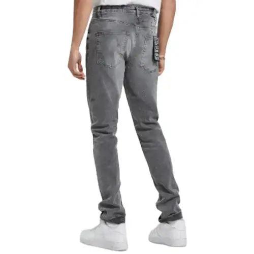 Ksubi Chitch Prodigy Trashed Denim Mid Rise Slim Fit Jean with Smokey Grey Wash Knee Trashing 4x4 Embroidery 99% Cotton 1% Elastane Below The Ankle