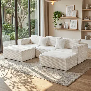SummerVibes Veloflow 110-in Corduroy Boneless U-Shaped Sectional Sofa with 2 Ottomans, Convertible Modular Design, Convertible Sofa Bed, Fixed Arms, Ergonomic Memory Foam Deep Seats, No Assembly Required (3 Packages Shipping)