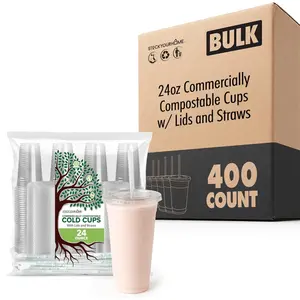 Compostable Cups w/ Lids and Straws - 24oz (400 Pack)