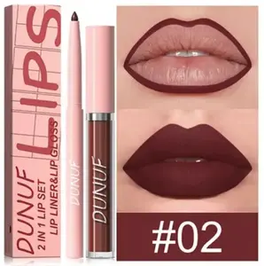 DUNUF #2 2pcs Matte Liquid Lipstick & Lipliner Set, 2-in-1 Matte Lip Set, Durable Waterproof, Highly Colored Lipstick, Lipliner for Shaping Lips Beige Eyeliner