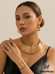 Chic Luxe Gold-Plated Multi-Layer Jewelry Set | Boho 4Pcs Choker, Earrings, Ring & Bracelet | Elevate Your Vibe for Daily, Night Out & Dinner Parties