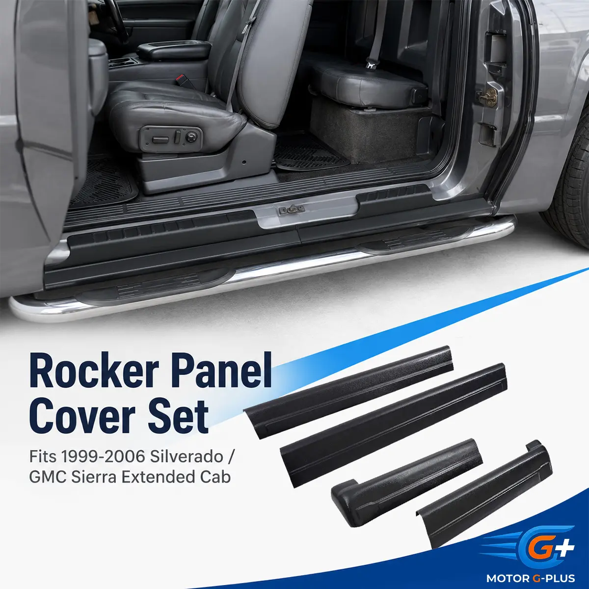 MOTOR GPLUS ABS Plastic Rocker Panel Covers - 4-Piece Adhesive-Mount 1 Set Replacement, ABS Rock Guard for 1999-2006 Silverado/GMC Sierra Extended Cab, Protects Sides, Resists Daily Truck Wear (Part No. 14068), Truck Accessories