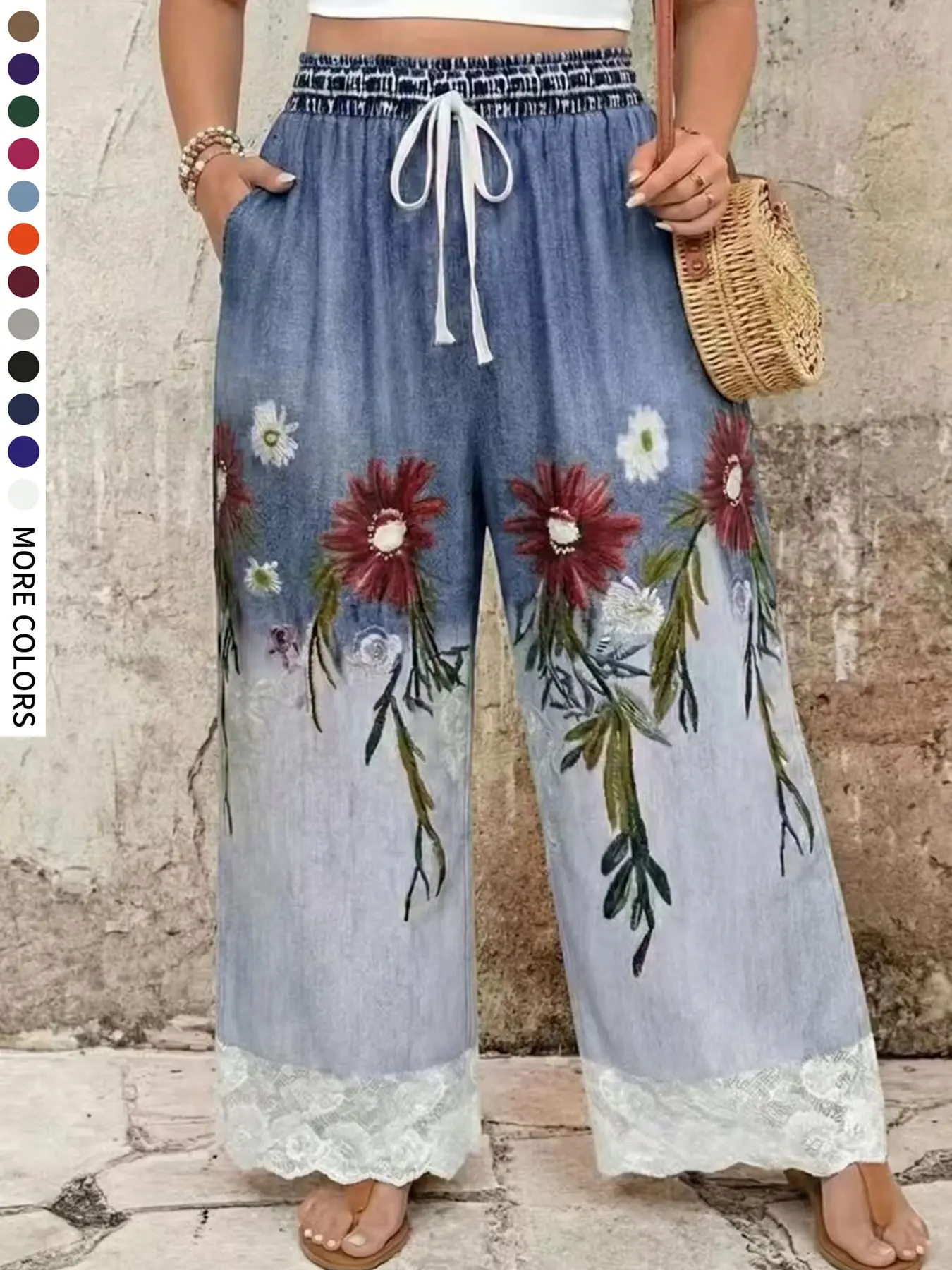 Plus Size Oversized Women's Floral Printed Loose Baggy Casual Boho Bohemian Pants, Lace Patchwork Elastic Waist Belted Wide Leg Design, Comfortable Fashion for Daily Wear