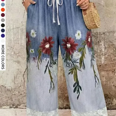 Plus Size Oversized Women's Floral Printed Loose Baggy Casual Boho Bohemian Pants, Fashion Casual Comfy, Casual Style Bottoms, Lace Patchwork Elastic Waist Belted Wide Leg Design, Comfortable Fashion for Daily Wear