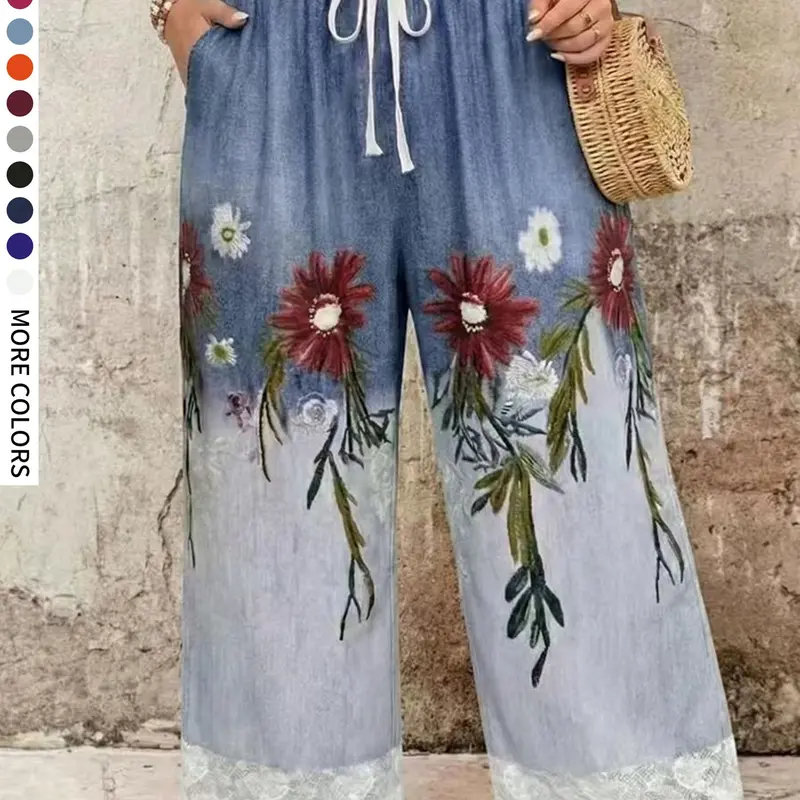 Plus Size Oversized Women's Floral Printed Loose Baggy Casual Boho Bohemian Pants, Fashion Casual Comfy, Casual Style Bottoms, Lace Patchwork Elastic Waist Belted Wide Leg Design, Comfortable Fashion for Daily Wear