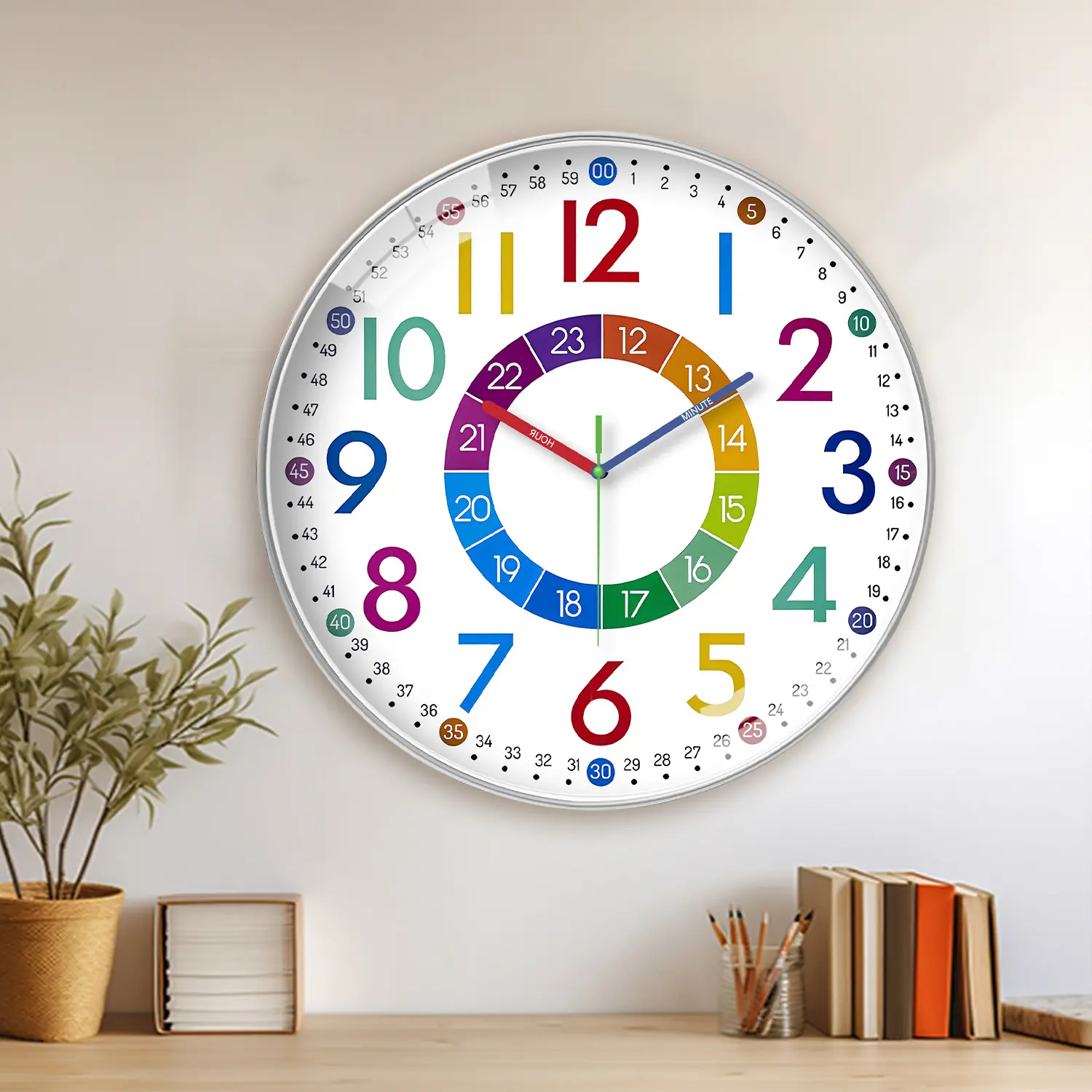 Constantplanet 8-12 inch children's teaching clock, learn how to tell the time, 12/24 color time partition, silent no ticking battery power supply suitable for living room,bedroom teacher decoration room stuff for boys room accessories Gift