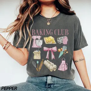 Baking Club Aesthetic Graphic T-Shirt, Premium Watercolor Pastry Art Tee, Retro Coquette Pink Bow Baker Top, Cute Hobbyist Gift for Her