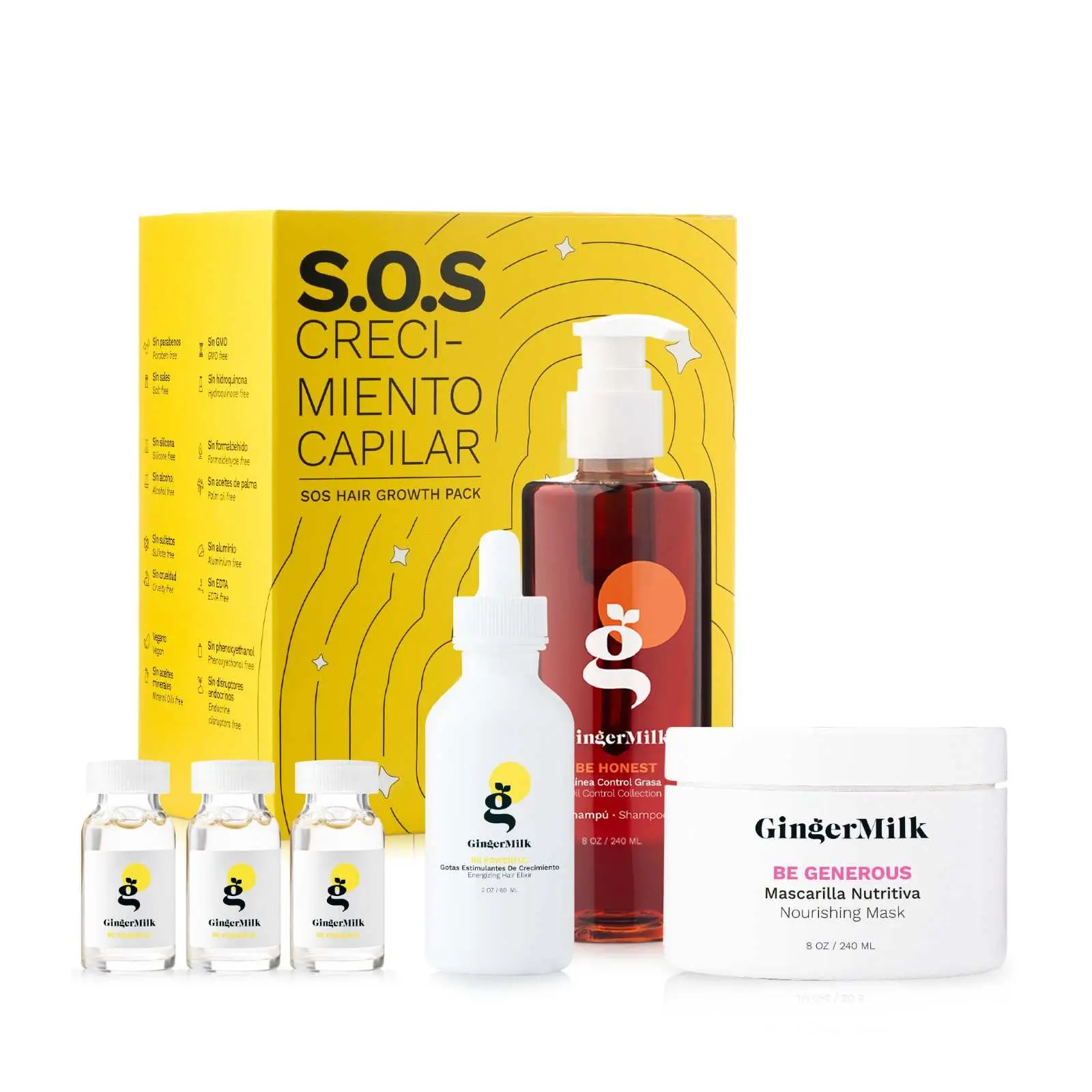 SOS Scalp Strengthening Kit | Be Honest Shampoo 8 oz + Be Generous Nourishing Mask 8 oz + Be Powerful Rosemary Castor Serum 2 oz + Be Powerful Biotin Ampoules x3 | Fortifying Care for Weak, Fine & Thinning-Looking Hair | Ginger Milk