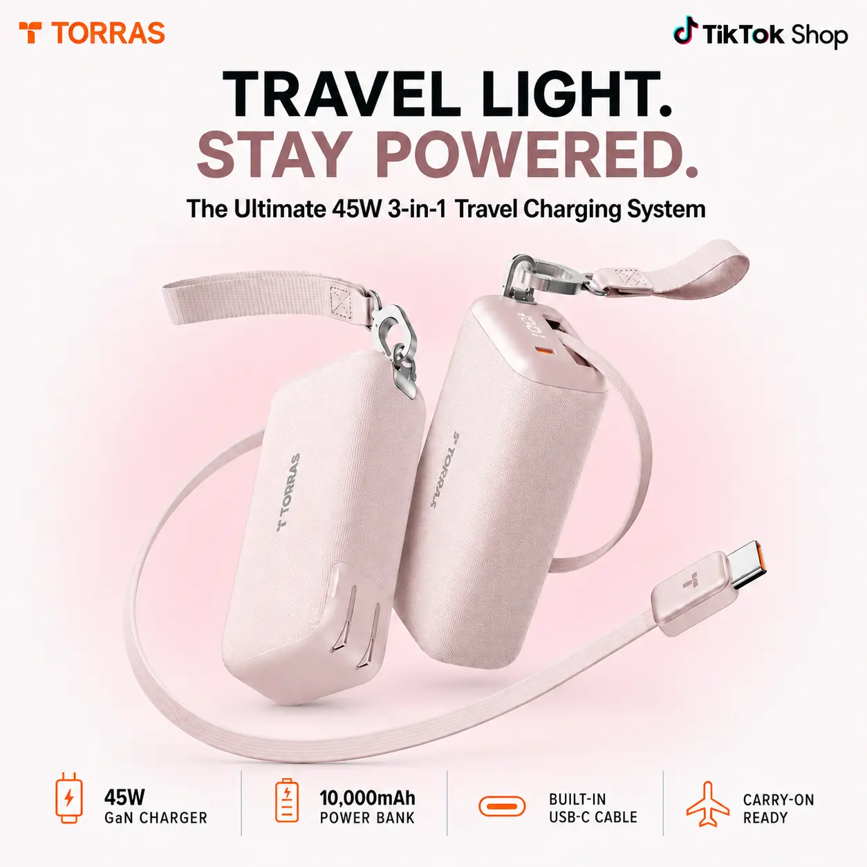 TORRAS PowerGo 3-in-1 GaN Mobile Plug Electronic Power Bank 45W Fast Charging 10000mAh Portable Charger with 3.3ft Retractable Cable, Travel Hook for iPhone, iPad, MacBook, Galaxy