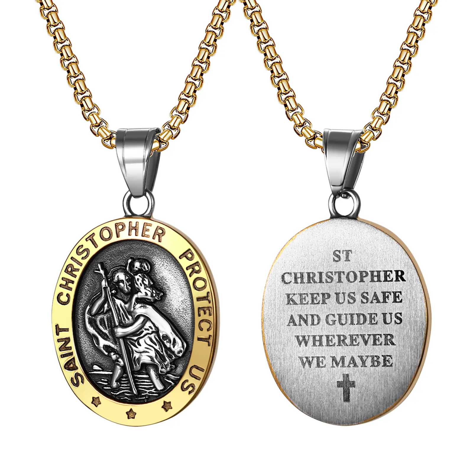 St. Christopher Medal Necklace for Men, Traditional Stainless Steel Spiritual Pendant with 23.6" Chain, Catholic Travel Protection Jewelry, Spiritual Necklace, Men's Accessories, Traveling, Amulet, 1.59" Height, Anniversary, Birthday, Father's Day