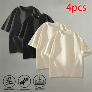 Men’s 4-Pack Loose Solid Color Crew Neck Short Sleeve Minimalist Clean Fit Street Dorm Everyday Versatile Basic T-Shirts