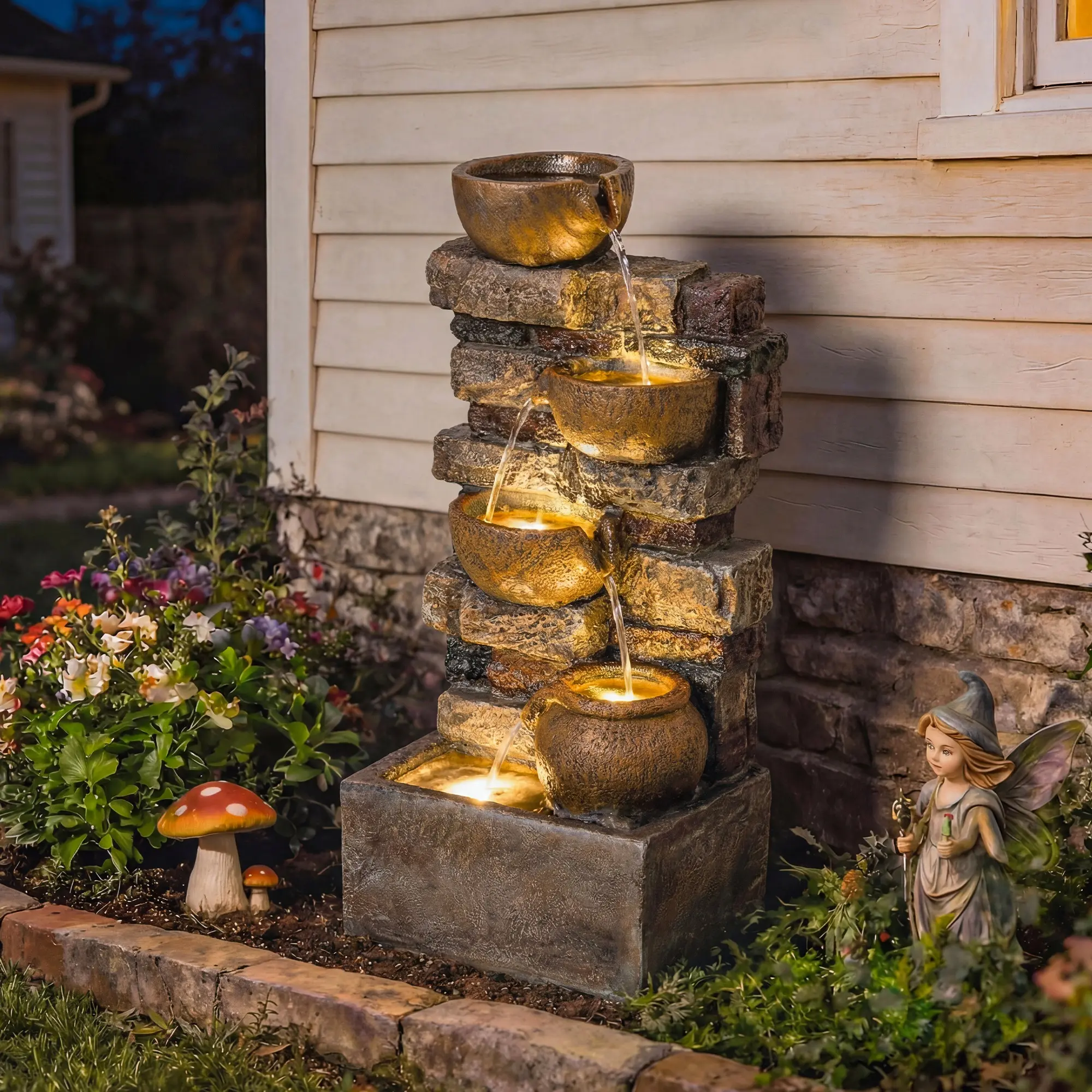 28" Outdoor Fountain with 5-Tier Rustic Jugs Cascading Waterfall LED Lights Adjustable Flow Rustic Brown Garden Decor