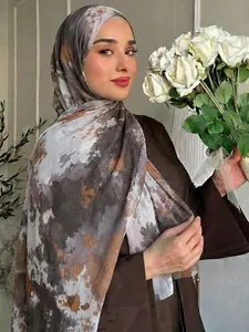 Caramel Tie-Dye Print Hijab, Soft Cotton Linen Material, Non-See-Through, Breathable Fabric, Ideal for Daily Casual Wear, Turban Hijab, Head Scarves