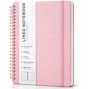 A5 Hardcover Leather Lined Spiral Journal Notebook 5.7''×8.2'', 100GSM Thick Paper Spiral Bound Journal for Women & Men, Perfect for Work Office School Note Taking Business, Pink