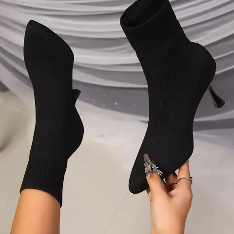 Women's New Stretch Knitted Socks Boots, Elegant Women's Pointed Stiletto High Heels, Trendy Versatile Women's Stiletto Heeled Boots, Suitable for Daily and Evening Banquet Wear, Ideal Gift Choice, Pointed Toe Boots, Heeled Booties, Fashionable Boots