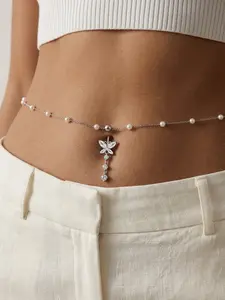 Pearl Waist Chain with Butterfly Belly Button Ring for Women Sexy Stomach Belly Chains Body Chain Dangle Navel Piercing Waist Jewelry Summer Beach Bikini Accessories Silver Gold