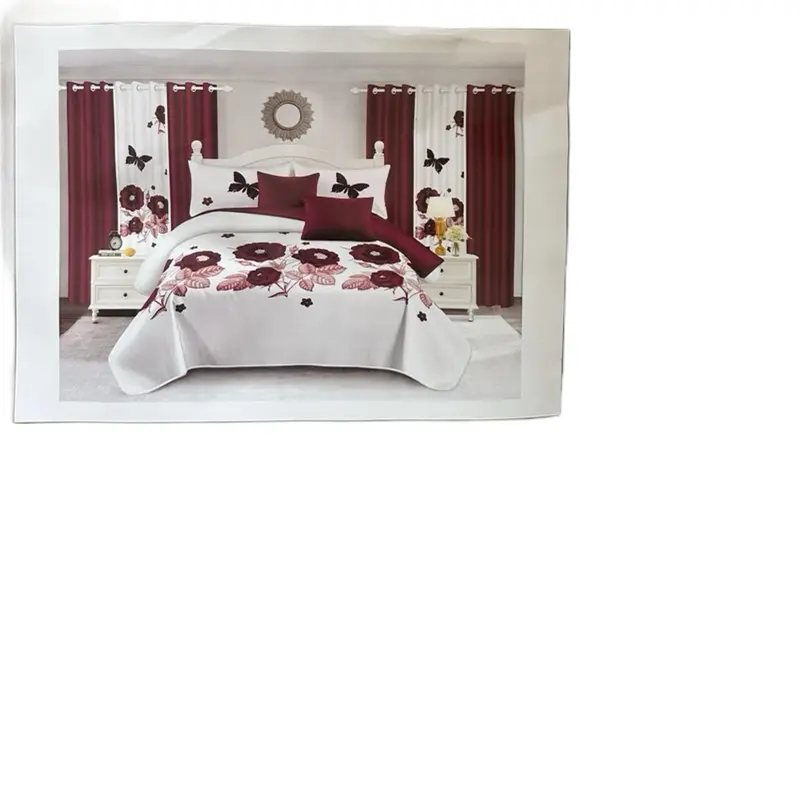 9pcs King Size Bedding Set with Floral Design and Maroon Accents for a Luxurious Bedroom Experience