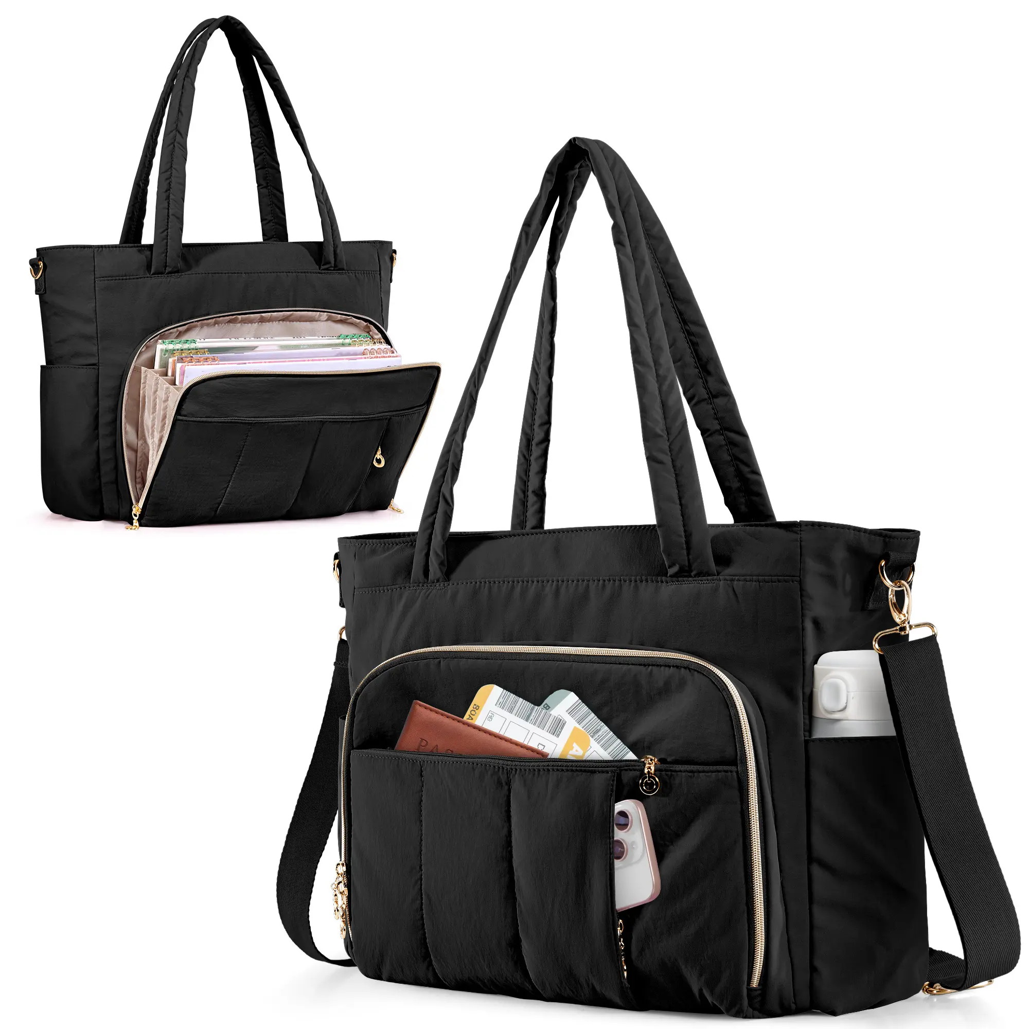 water-repellent Tote Bag for Work, Large Capacity Shoulder Purse for Women, Patented Organizer Pocket for Files, Removable Strap, Puffy Quilted Handbag for Travel( Only Bag,No Accessories Included)