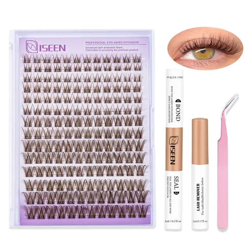 Brown Lash Clusters Natural Dark Brown Eyelash Extensions Kit for DIY, Best Lash Clusters, Deep Eyelashes in D Curl, Suitable for Beginners with Mixed Lengths, Bond&Seal&Remove&Tweezers, Cosmetics Makeup Tool, False Eyelash Clusters