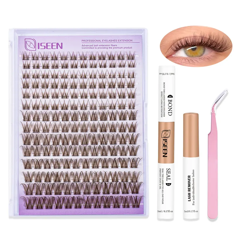 Brown Lash Clusters Natural Dark Brown Eyelash Extensions Kit for DIY, Best Lash Clusters, Deep Eyelashes in D Curl, Suitable for Beginners with Mixed Lengths, Bond&Seal&Remove&Tweezers, Cosmetics Makeup Tool, False Eyelash Clusters