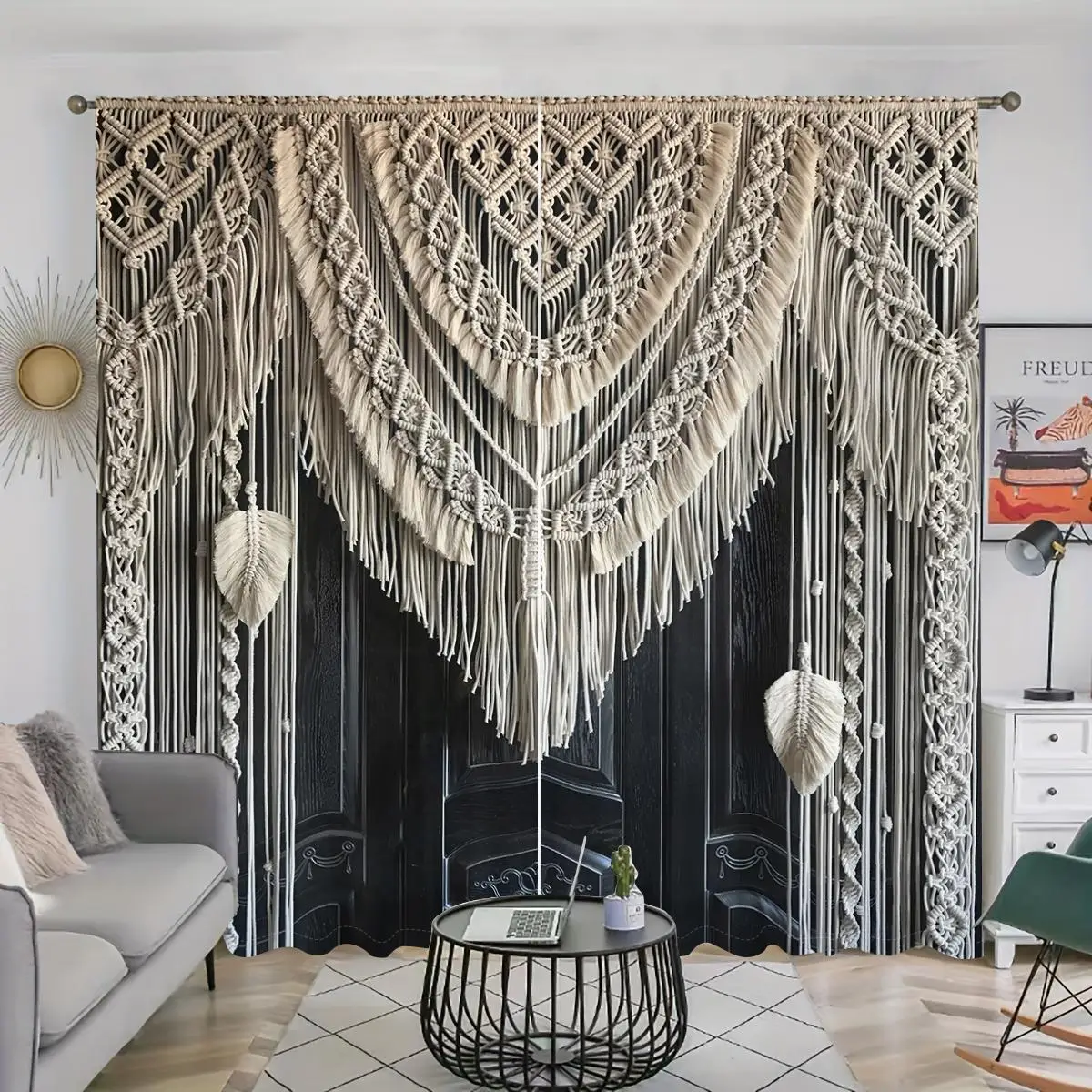 Bohemian Simulation Woven Fringe Pattern Printed Curtain, 2 Counts/set Semi Blackout Window Cover, Privacy Grommet Curtains, Decorative Curtain for Ho