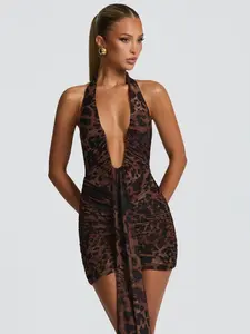 New Women's Sexy Deep V Backless Halter Dress, Leopard Print Bodycon Short Dress, Casual Long Sleeve Fitted Dress for Fall