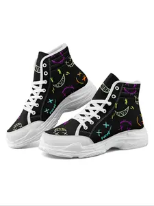 Women's Gothic High-Top Sneakers with Graffiti Smile Print, Trendy Lace-Up Casual Fashion Shoes for All Seasons, Punk Streetwear Style