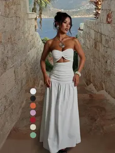 Women’s sleeveless fitted A-line dress with hollow-out design, two-fabric patchwork, micro-transparent material, beachwear casual wear long skirt, womenswear