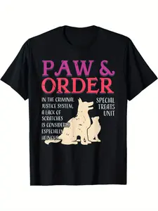 Funny PFU Pets Training T-Shirt - Paw & Order Special Feline Unit Cat & Dog Design, Casual Short Sleeve Round Neck Tee for Year-Round Wear, Machine Washable Suitable for All-Season