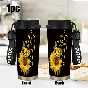1pc 18oz Sunflowers Butterflies Stainless Steel Travel Mug with Sunflowers and Butterflies, Double-Layer Insulated Design for Hot & Cold Beverages, Perfect for Outdoor and Car Use, Stainless Steel Thermos Portable Insulated Drinkware Reusable Tumbler