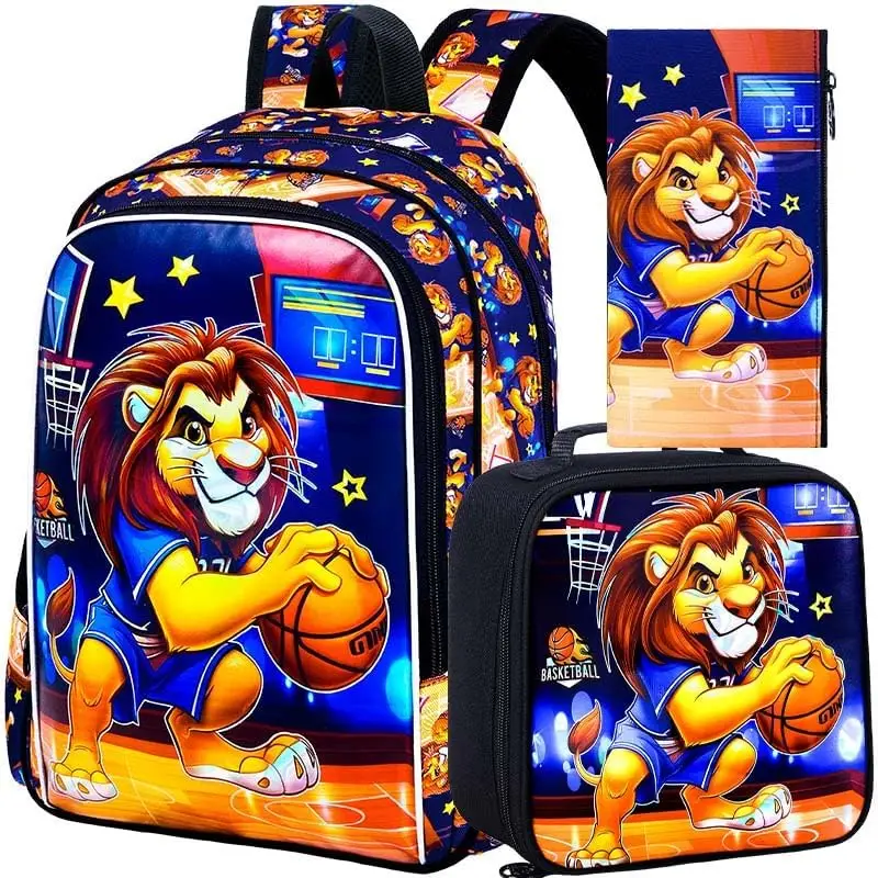3PCS Backpack for Boys, 16'' Kids Lion Preschool Bookbags with Lunch Box, Cool Animal Water Resistant School Backpacks for Elementary Kindergarten Tod
