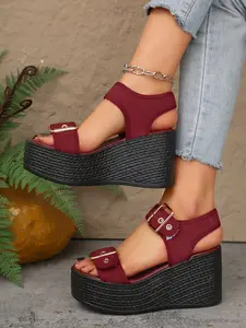Women's Thick Sole Rubber Summer Platform Wedge Sandals, New One Strap Retro Style Fashionable Commuter Roman Shoes, Adjustable Buckle High Heel Slippers