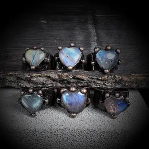 Natural Heart Labradorite Adjustable Ring Vintage Copper Open Ring For Daily Wear Positive Energy Feng Shui Jewelry Gift For Women