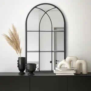 42'' x 24'' Arched Wall Mounted Mirror, Black Wall Mirror, Arched-Top Bathroom Mirror, Farmhouse Mirror, Windowpane Metal Frame Mirror, Long Hanging Mirror for Living Room or Bedroom