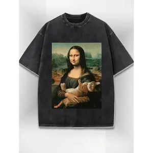 Men's Washable T Shirt with Fun Mona Lisa Cat Print Fashion Casual Short Sleeve Summer Top for Men